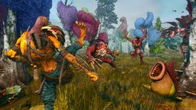 A strange alien creature kicks another strange alien creature in a colourful landscape in Clash: Artifacts Of Chaos