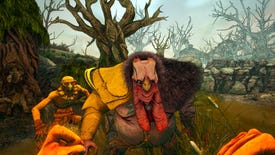 A screenshot of Clash: Artifacts Of Chaos showing a first-person view of fists raised, a brawl about to happen against a big turkey man.