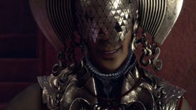 A screenshot showing a character in Forspoken wearing a strange patterned metallic mask.