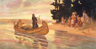 Painting of Father Jacques Marquette in a boat preaching to Indigenous Americans on shore