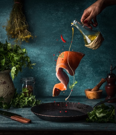 Photo of salmon and other ingredients in air