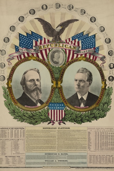 A flier with two portraits surrounded by garland flags and an eagle