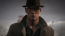 A screenshot from Hitman 3 showing Agent 47 in a hat, coat and glasses at the game's Dartmoor level