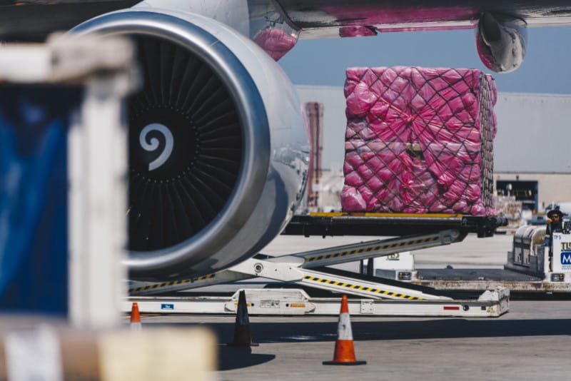 Close up of plane wing and engine with palette of cargo