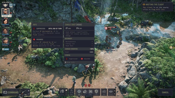 A gang of mercenaries prepare to take a shot in a jungle setting in Jagged Alliance 3