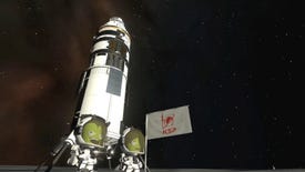 Two space-suited Kerbals plant the flag of Kerbin on a seemingly uninhabitable planet in Kerbal Space Program 2. Behind them is their rocket ship and a pitch black sky.