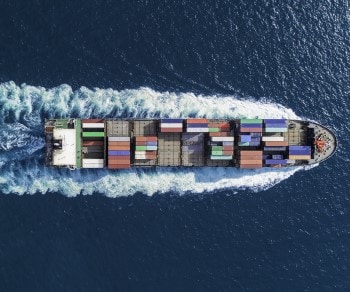 aerial top down view of container ship