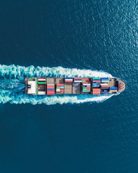 aerial top down view of container ship