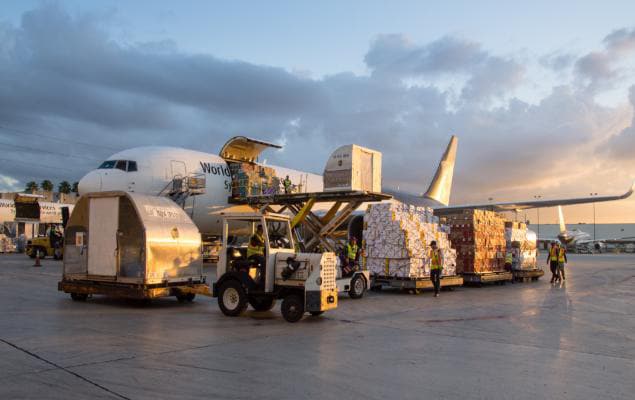 Large airfreight shipment being loaded onto UPS Browntail jet