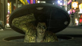 Goro Majima emerges from a manhole cover in Yakuza Kiwami.