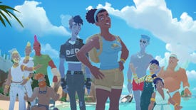 A group of cartoon Greek gods stand in front of a sunny island in Mythwrecked