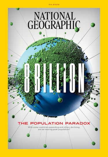 Illustration of the earth with dots popping out surrounded by a yellow border with the cover line 8 Billion