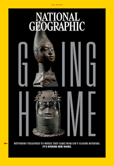 The cover of National Geographic magazine's March issue with the words "Going Home". The Os are replaced with bronze statues.