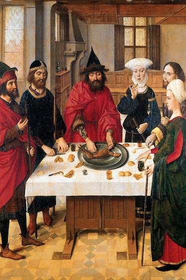 A lamb, unleavened bread, and wine comprise a 15th-century Passover meal in a panel of the “Last Supper Triptych,” circa 1464-1467, by Flemish painter Dieric Bouts in Saint Peter’s Church in Leuven, Belgium.