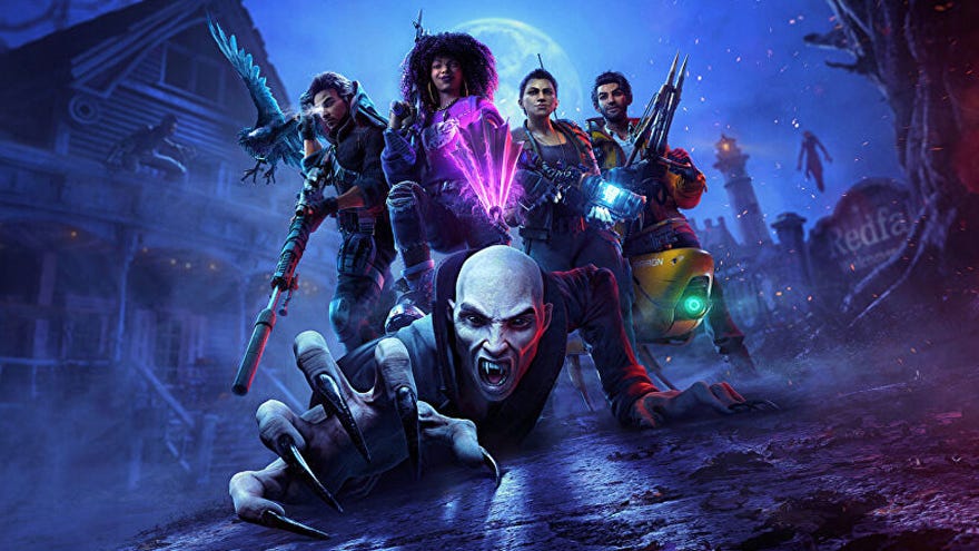 Key art from Arkane's co-op vampire slaying shooter Redfall, showing hunters and a vampire clawing the floor