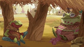 Humanoid frogs relaxing in a hut in a Sandwalkers screenshot.