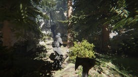 Soldiers wander towards a cave in the woods in Sons of the Forest.