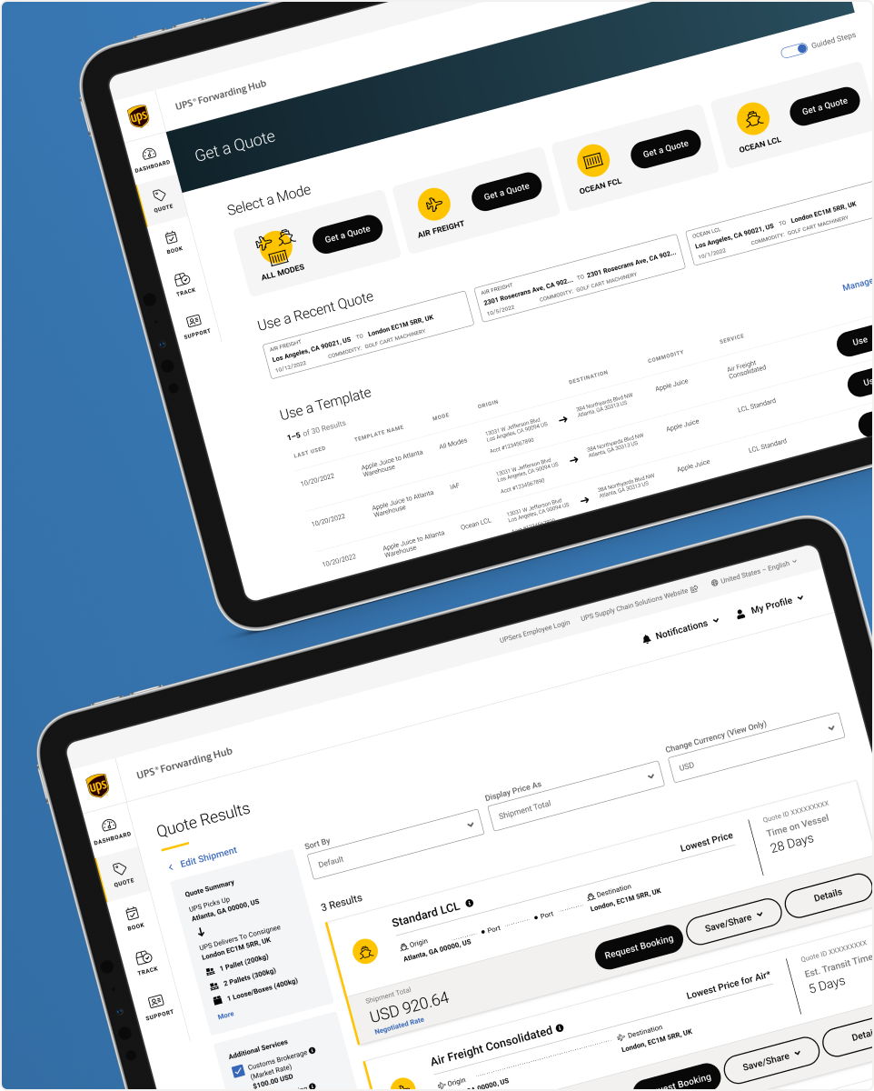 Two tablets displaying the UPS® Forwarding Hub initial Quote page and Quote Results 